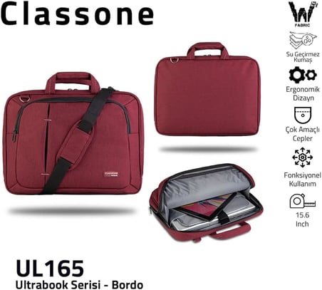 Classone UL165 Ultrabook Serisi Wtx Pro Su Geçirmez Kumaş, Notebook Çantası 13.3 – 15,6 inch uyumlu- Bordo