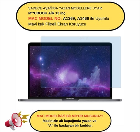 MacBook Air 13 inç Uyumlu Şeffaf Anti BlueRay Ekran Koruyucu Mavi Mor Işık Filtreli Göz Konforu Net Görüntü A1369 A1466 Şeffaf