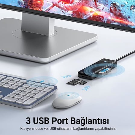 Type-C to 3.0 TF SD Kart Okuyucu 3 Portlu USB 3.0 Çoklayıcı Adaptör Siyah