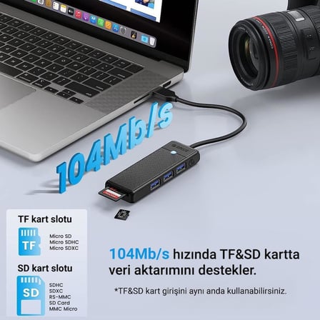 Type-C to 3.0 TF SD Kart Okuyucu 3 Portlu USB 3.0 Çoklayıcı Adaptör Siyah