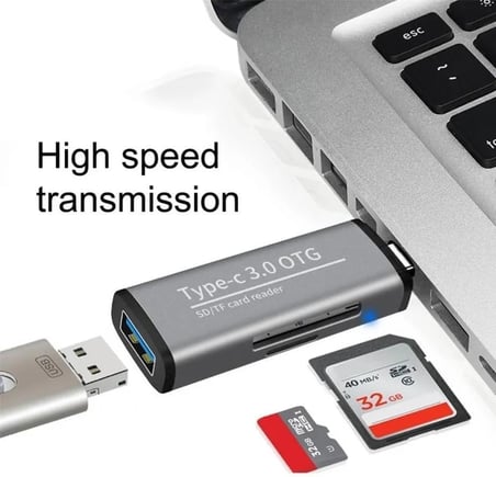 Kyrotech Macbook, Type-C Portlu Telefon, Tablet, Bilgisayar, Uyumlu Type-C to USB 3.0 SD Micro SD Kart Okuyucu 3 Portlu Çevirici Dönüştürücü Hub Adaptör