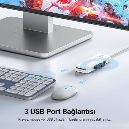 Type-C to 3.0 TF SD Kart Okuyucu 3 Portlu USB 3.0 Çoklayıcı Adaptör Beyaz