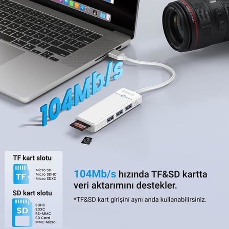 Type-C to 3.0 TF SD Kart Okuyucu 3 Portlu USB 3.0 Çoklayıcı Adaptör Beyaz