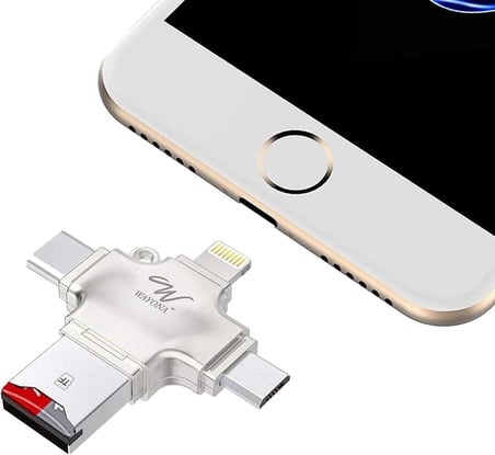 4'Ü 1 Arada Otg Kart Okuyucu Dört Bağlantı Noktası: Lightning + Tip C + Micro Usb + Usb Kart Okuyucu, Gümüş