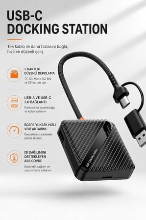 SD/TF Hafıza Kartı Okuyucu 5 Kart USB-A USB-C 3.0 5Gbps ADS-319