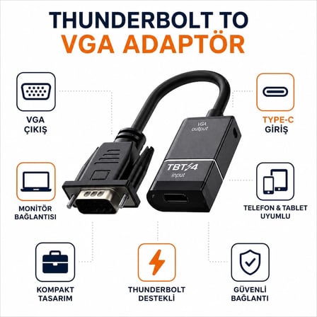 Thunderbolt VGA HD Adaptör VC-01 USB Type-C Thunderbolt Giriş VGA Çıkış Telefon Tablet Bilgisayar Uyumlu Harici Monitör Görüntü Aktarım Adaptörü | ZR1298