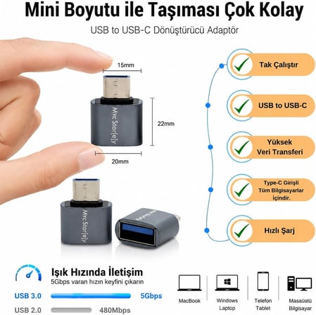 USB-C USB 3.0 Dönüştürücü | 5Gbps Veri Aktarımı | MacBook, iPad Pro ve USB-C Destekli Cihazlar için Type-C USB Adaptör Gri