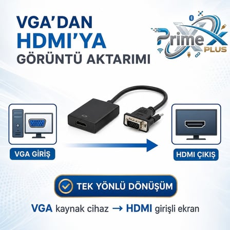 PrimeX PX-1250 VGA to HDMI Full HD Görüntü Çevirici Aparat, Analog Erkek to Hdmi Dişi Aktif Dönüştürücü, PC Laptop Notebook VGA Çıkışından HDMI TV Monitör Projeksiyon Bağlantı Adaptörü