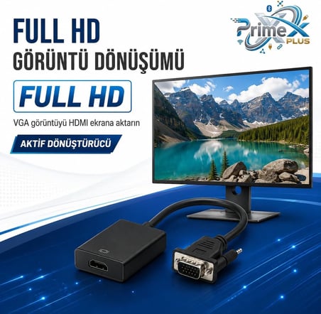 PrimeX PX-1250 VGA to HDMI Full HD Görüntü Çevirici Aparat, Analog Erkek to Hdmi Dişi Aktif Dönüştürücü, PC Laptop Notebook VGA Çıkışından HDMI TV Monitör Projeksiyon Bağlantı Adaptörü