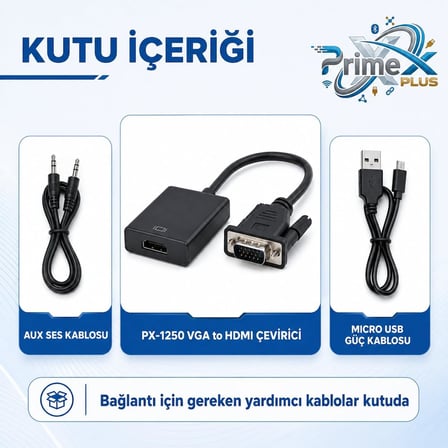 PrimeX PX-1250 VGA to HDMI Full HD Görüntü Çevirici Aparat, Analog Erkek to Hdmi Dişi Aktif Dönüştürücü, PC Laptop Notebook VGA Çıkışından HDMI TV Monitör Projeksiyon Bağlantı Adaptörü