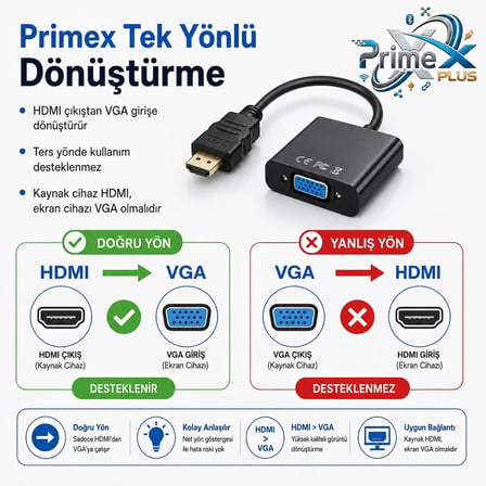PrimeX PX-1240S HDMI to VGA Çevirici Adaptör, HDMI Erkek VGA Dişi, 30 cm, Full HD Görüntü Dönüştürücü