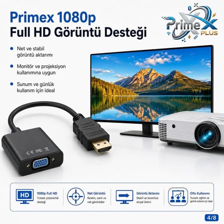 PrimeX PX-1240S HDMI to VGA Çevirici Adaptör, HDMI Erkek VGA Dişi, 30 cm, Full HD Görüntü Dönüştürücü