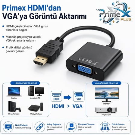 PrimeX PX-1240S HDMI to VGA Çevirici Adaptör, HDMI Erkek VGA Dişi, 30 cm, Full HD Görüntü Dönüştürücü