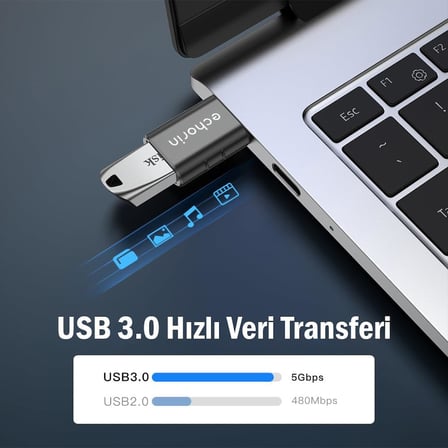 OTG Akıllı Giriş USB 3.0 to Type-C Dönüştürücü Adaptör Çevirici 5Gbps, iPhone 16, Pro, Pro Max, M2, M3, M4 MacBook Pro, Air, iPad Pro ve Galaxy S25, S24, S23 ve Tabletler ile Uyumlu