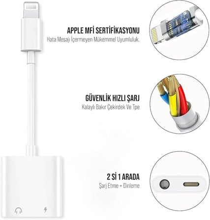 Lightning to 3.5mm Jack & Lightning Dönüştürücü | Çift Çıkış Adaptörü | Yüksek Ses Kalitesi ve Hızlı Şarj | Kulaklık Desteği | Şık ve Dayanıklı Tasarım