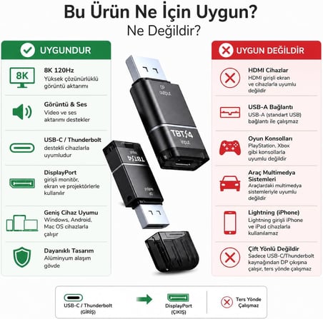 Thunderbolt 4 Type-C DisplayPort DP Adaptör 8K 120Hz Görüntü ve Ses Aktarımı Alüminyum Gövde Windows Android Mac OS Uyumlu Monitör Tablet Telefon Bağlantı Dönüştürücü | ZR1297