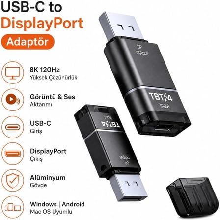 Thunderbolt 4 Type-C DisplayPort DP Adaptör 8K 120Hz Görüntü ve Ses Aktarımı Alüminyum Gövde Windows Android Mac OS Uyumlu Monitör Tablet Telefon Bağlantı Dönüştürücü | ZR1297