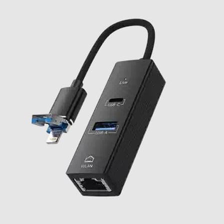 Lightning & USB-C Uyumlu RJ45 Ethernet Adaptörü – Telefon ve Tablet İçin Kablolu İnternet Bağlantısı, USB-A Portlu Çoklu Dönüştürücü, Düşük Gecikmeli Oyun ve Hızlı Veri İletimi | UL-31L