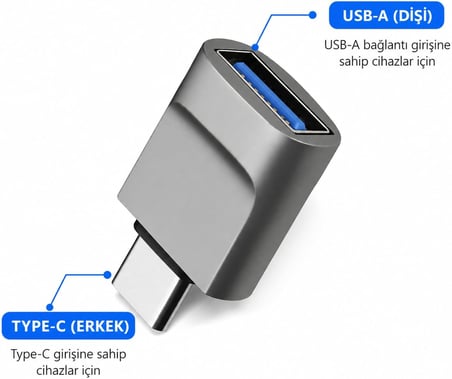 Type-C to USB-A 3.0 OTG Dönüştürücü Adaptör – USB Dişi Type-C Erkek Çevirici – Telefon, Tablet ve Bilgisayar Uyumlu Veri Aktarım Adaptörü