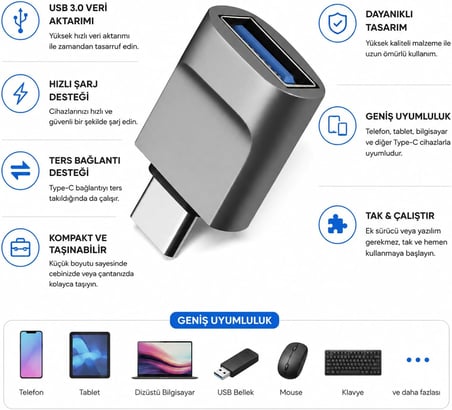 Type-C to USB-A 3.0 OTG Dönüştürücü Adaptör – USB Dişi Type-C Erkek Çevirici – Telefon, Tablet ve Bilgisayar Uyumlu Veri Aktarım Adaptörü