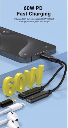 GA50 2in1 Type-C 60W PD Hızlı Şarj ve Ses Aktarımı Kulaklık Aux Dönüştürücü iPhone ile Uyumlu Alüminyum Kasa