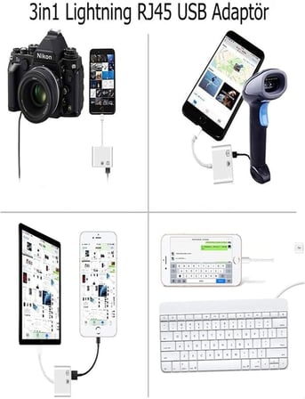 Iphone 7 8 X 11 11 Pro 12 13 13 14 Pro Max ile uyumlu ve Ipad Uyumlu Usb Ethernet Lightning Şarj Adaptörü 3in1