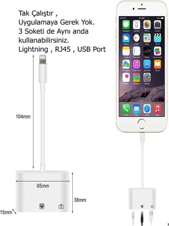 Iphone 7 8 X 11 11 Pro 12 13 13 14 Pro Max ile uyumlu ve Ipad Uyumlu Usb Ethernet Lightning Şarj Adaptörü 3in1
