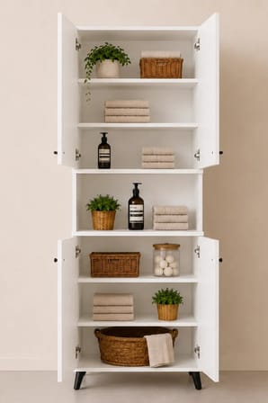 Reyo Enda Home Listra 4 Kapaklı Çok Amaçlı Dolap 170,8 cm,  Raflı, Ayaklı Depolama Dolabı - Beyaz