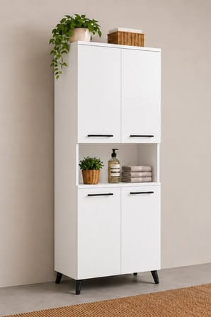Reyo Enda Home Listra 4 Kapaklı Çok Amaçlı Dolap 170,8 cm,  Raflı, Ayaklı Depolama Dolabı - Beyaz