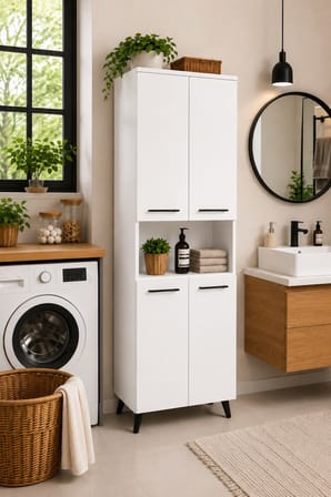 Reyo Enda Home Listra 4 Kapaklı Çok Amaçlı Dolap 170,8 cm,  Raflı, Ayaklı Depolama Dolabı - Beyaz