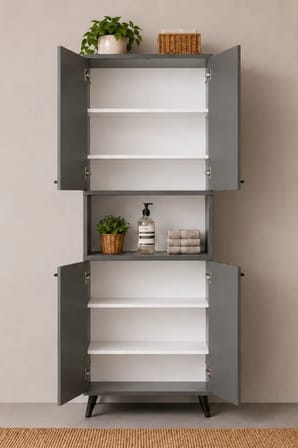 Reyo Enda Home Listra 4 Kapaklı Çok Amaçlı Dolap 170,8 cm,  Raflı, Ayaklı Depolama Dolabı - Antrasit