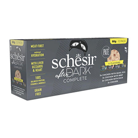 Schesir After Dark Tavuk & Bıldırcın Yumurtası & Sığır & Ördek Et Suyunda Paté Yetişkin Kedi Konservesi Çeşit Paketi 12x80 gr