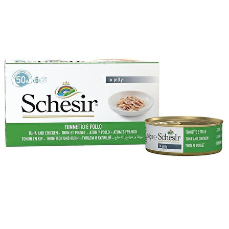 Schesir Tam ve Dengeli Ton Balığı ile Tavuklu Jöle İçinde Kedi Konservesi Multipack 6x50 gr