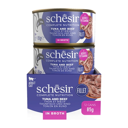 Schesir Ton Balıklı Sığır Filetolu ve Pirinçli Pişirme Suyunda Yetişkin Kedi Konservesi 85 Gr 12'li Paket