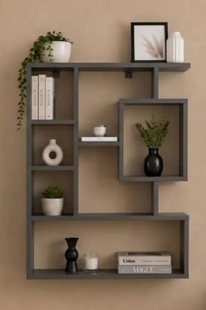 Reyo Enda Bigane Duvar Rafı 70,9 × 93,6 cm, Asimetrik Çok Bölmeli Duvara Monte Raf - Antrasit