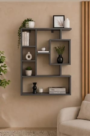 Reyo Enda Bigane Duvar Rafı 70,9 × 93,6 cm, Asimetrik Çok Bölmeli Duvara Monte Raf - Antrasit
