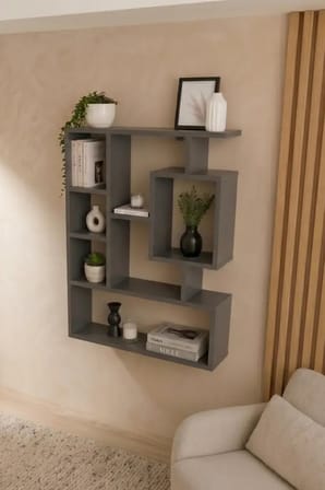 Reyo Enda Bigane Duvar Rafı 70,9 × 93,6 cm, Asimetrik Çok Bölmeli Duvara Monte Raf - Antrasit