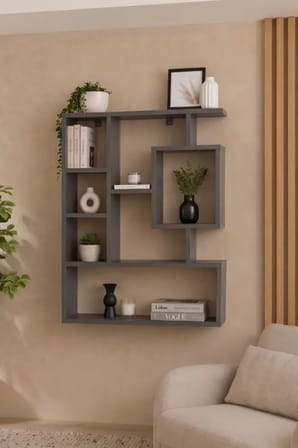 Reyo Enda Bigane Duvar Rafı 70,9 × 93,6 cm, Asimetrik Çok Bölmeli Duvara Monte Raf - Antrasit