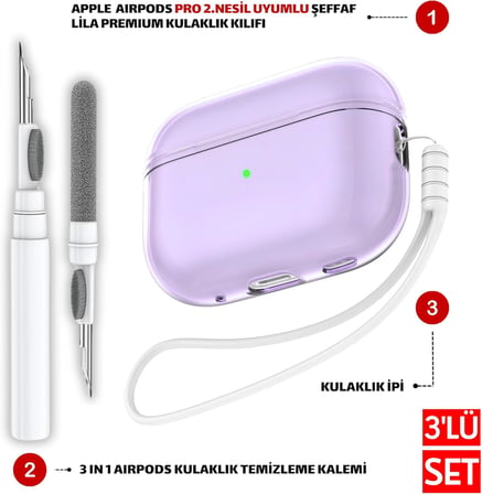 Pro 2 Nesil Uyumlu Seffaf Lila Premium Kulaklik Kilifi, Beyaz Kulaklik İ̇Pi Ve 3'U 1 Arada Bluetooth Kulaklik Temizleme Kalemi Seti (Seffaf Lila Beyaz)