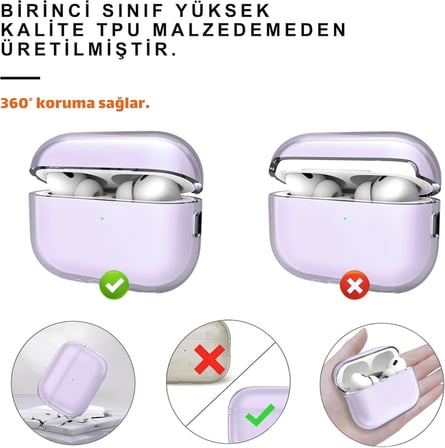 Pro 2 Nesil Uyumlu Seffaf Lila Premium Kulaklik Kilifi, Beyaz Kulaklik İ̇Pi Ve 3'U 1 Arada Bluetooth Kulaklik Temizleme Kalemi Seti (Seffaf Lila Beyaz)