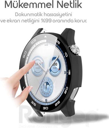 Huawei Watch GT5 46mm için 2’si 1 Arada Sert Polikarbonat Kasa ve Ekran Koruyuculu Kılıf Dokunma ve Netliği Etkilemeyen Çizilme ve Darbe Önleyici GT5 Ekran Koruyucu Kılıfı (Siyah)