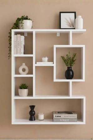 Reyo Enda Bigane Duvar Rafı 70,9 × 93,6 cm, Asimetrik Çok Bölmeli Duvara Monte Raf - Mat Beyaz