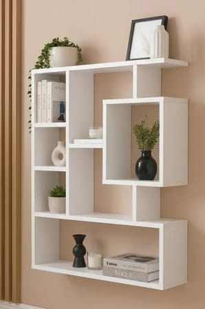 Reyo Enda Bigane Duvar Rafı 70,9 × 93,6 cm, Asimetrik Çok Bölmeli Duvara Monte Raf - Mat Beyaz