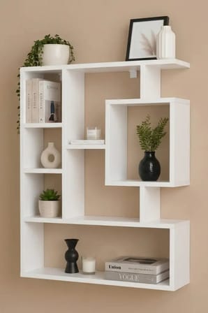Reyo Enda Bigane Duvar Rafı 70,9 × 93,6 cm, Asimetrik Çok Bölmeli Duvara Monte Raf - Mat Beyaz