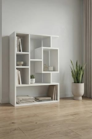 Reyo Enda Bigane Duvar Rafı 70,9 × 93,6 cm, Asimetrik Çok Bölmeli Duvara Monte Raf - Mat Beyaz
