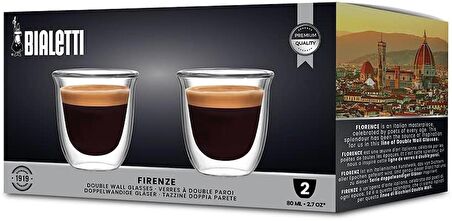 Bialetti Set 2 Kupa Double Wall Firenze, 2x 300 ml, (Isı Yalıtımı, Borosilikat Cam)