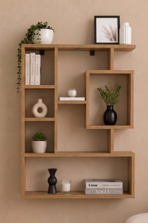 Reyo Enda Bigane Duvar Rafı 70,9 × 93,6 cm, Asimetrik Çok Bölmeli Duvara Monte Raf - Atlantik Çam