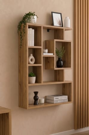 Reyo Enda Bigane Duvar Rafı 70,9 × 93,6 cm, Asimetrik Çok Bölmeli Duvara Monte Raf - Atlantik Çam