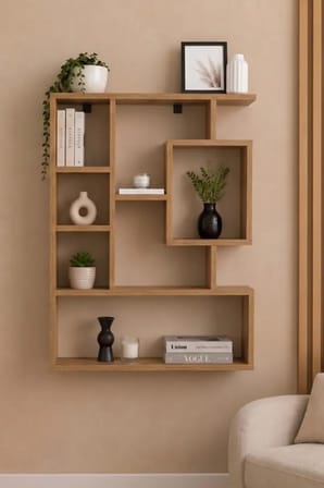 Reyo Enda Bigane Duvar Rafı 70,9 × 93,6 cm, Asimetrik Çok Bölmeli Duvara Monte Raf - Atlantik Çam