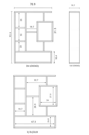 Reyo Enda Bigane Duvar Rafı 70,9 × 93,6 cm, Asimetrik Çok Bölmeli Duvara Monte Raf - Atlantik Çam